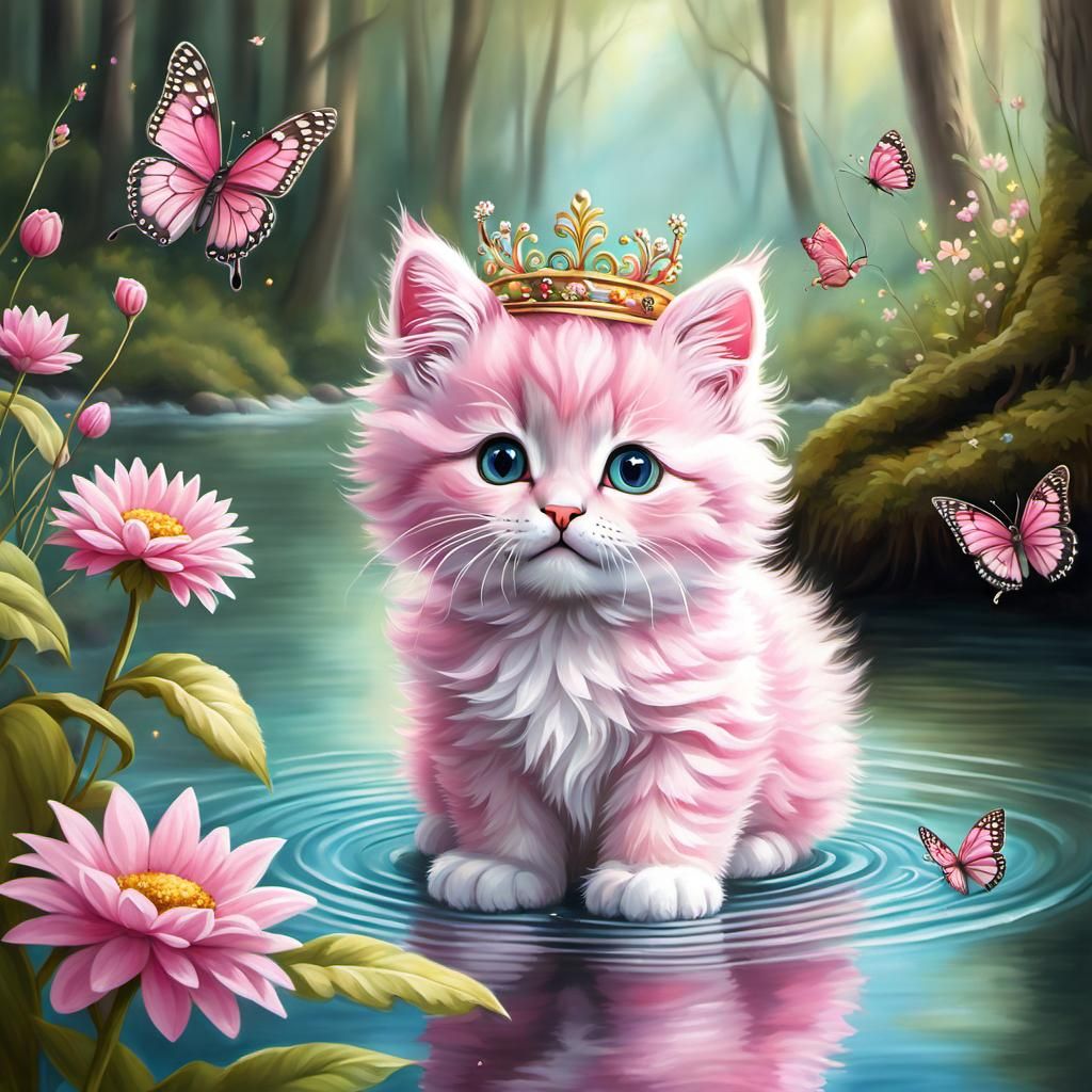 Floral Feline Whimsy: Pink Kitty's Garden Delight