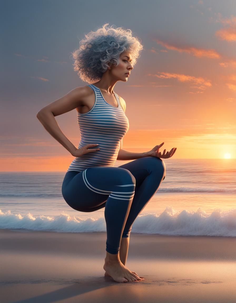 Sunrise Yoga on the Shoreline: Hyperdetailed Concept Art