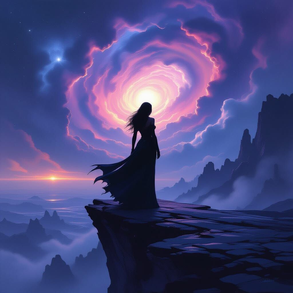 Woman Overlooks Swirling Nebula in Dark Fantasy Style