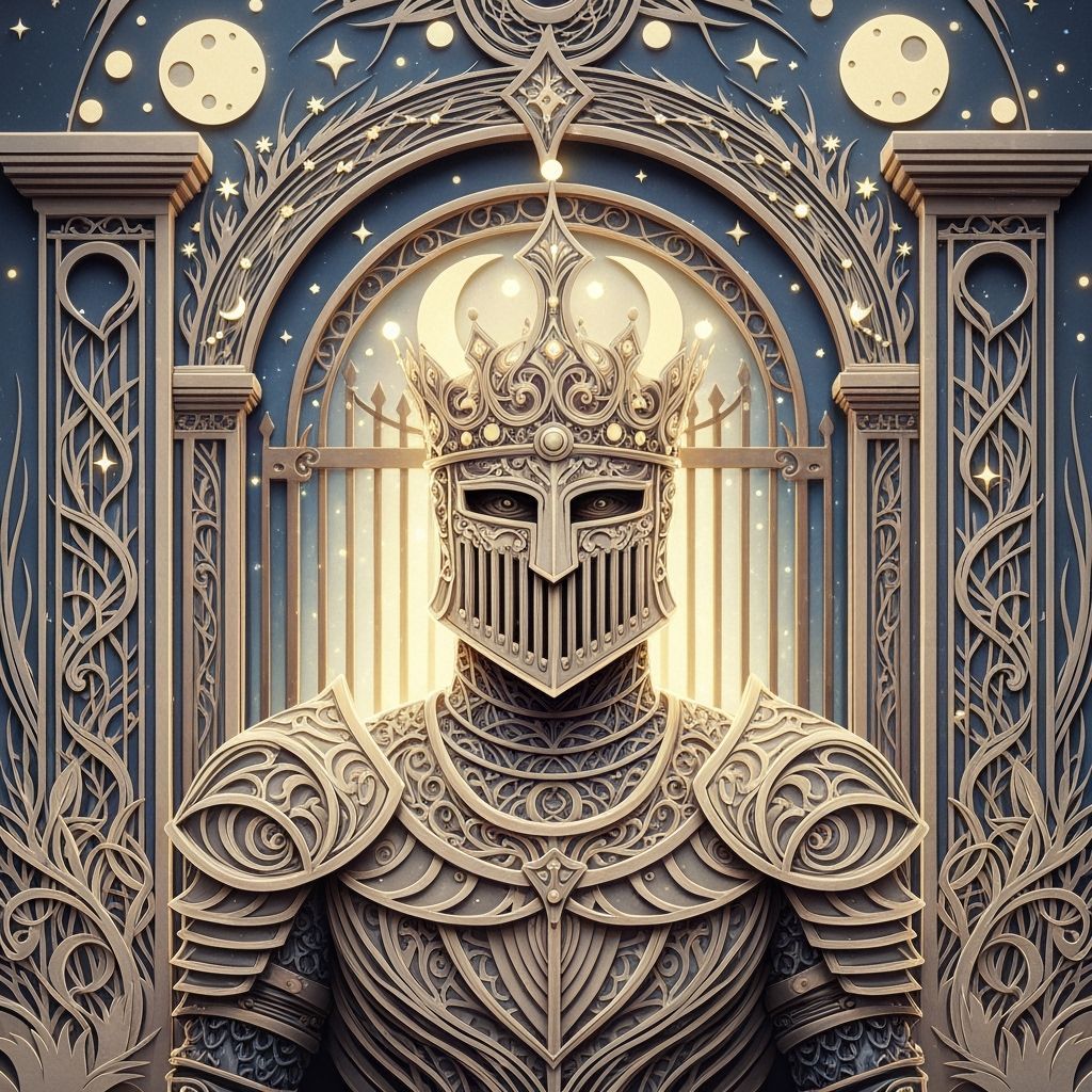 Medieval Knight Before Celestial Gate in Papercut Art Style