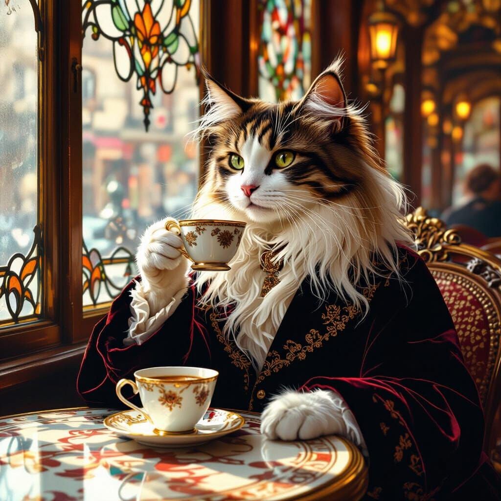 Elegant Cat Sipping Coffee in Art Nouveau Cafe