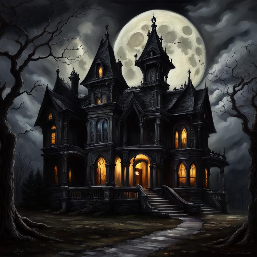 Sinister Gothic Mansion Under Full Moon, Matte Oil