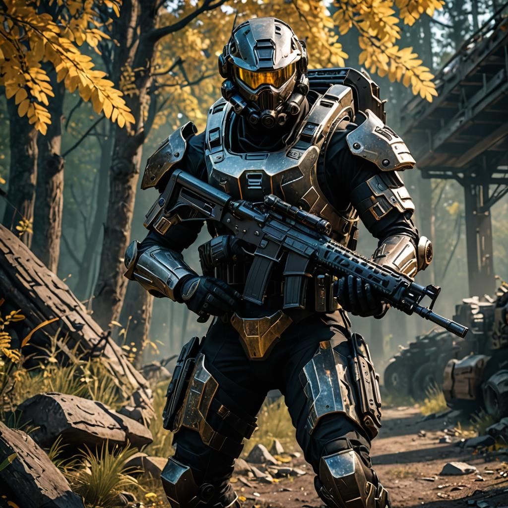 Stalker in Exoskeleton Armor: 3D Game Cinematic