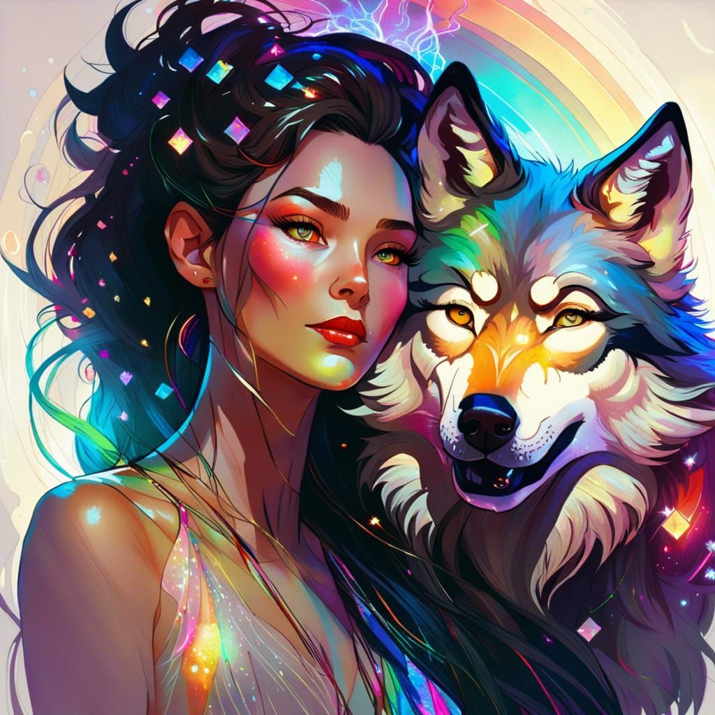 Woman and Wolf Glowing with Rainbow Particles