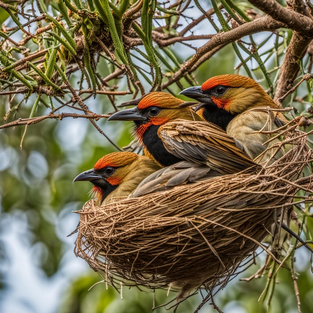 Weaver Birds Building Nest on Tree Limb