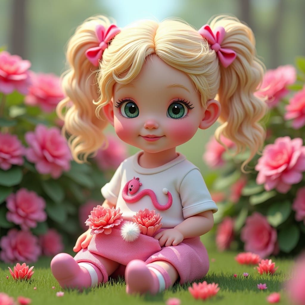 Girl with Pink Flowers in Lush Garden