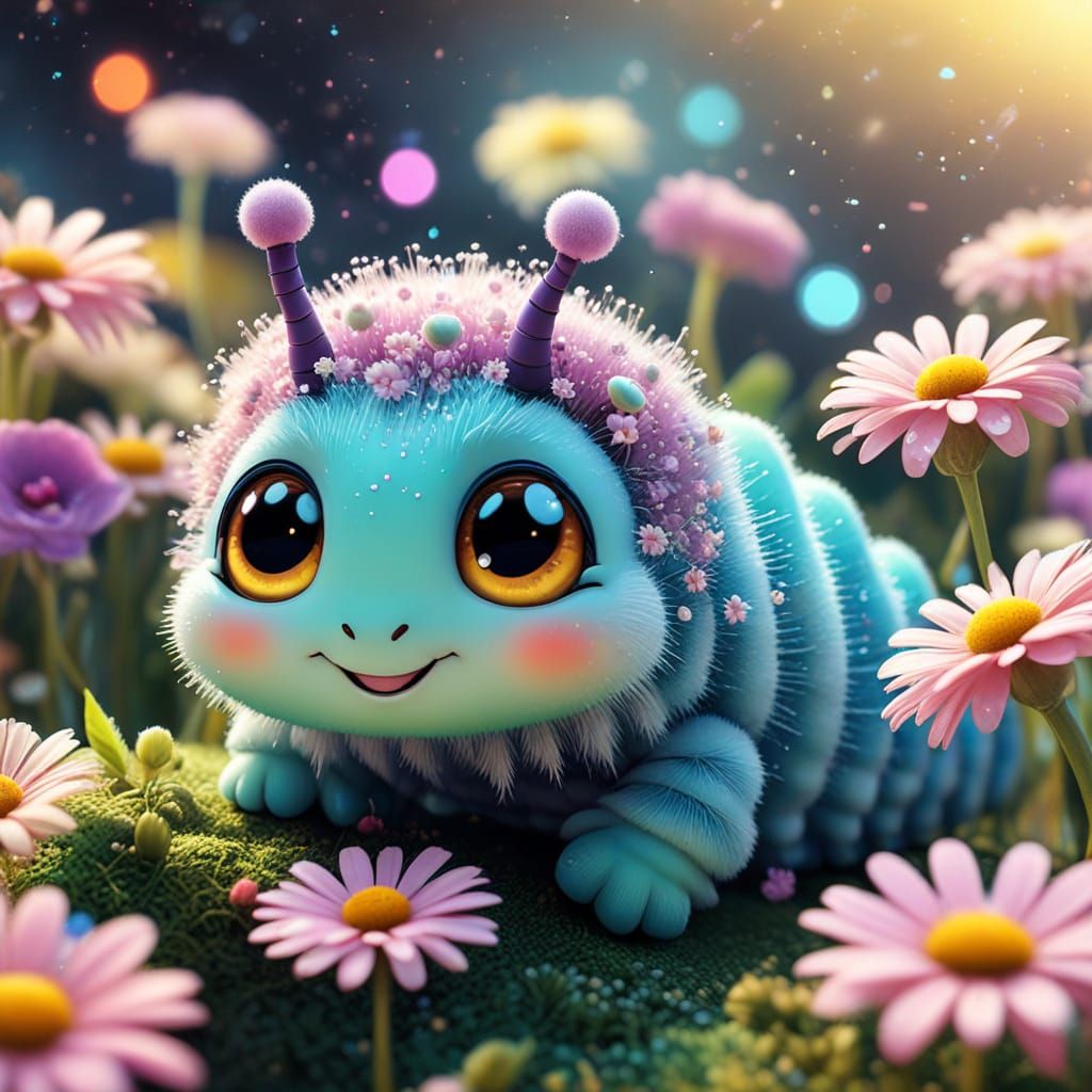 Happy Chibi Caterpillar in Magical Flower Garden