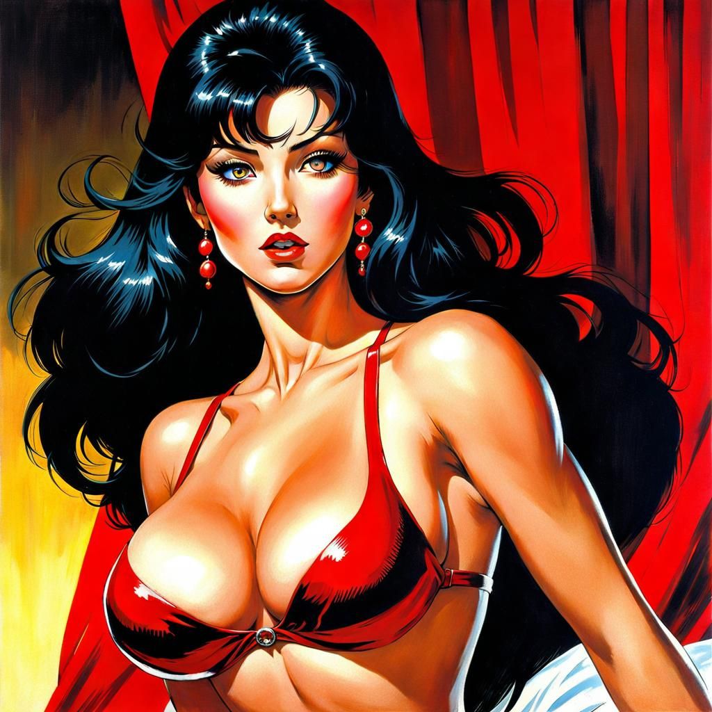 Stunning Portrait of Woman in Red, Comic Book Art