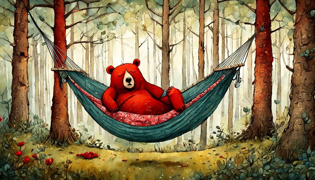 Whimsical Red Bear Struggles to Sleep in a Hammock