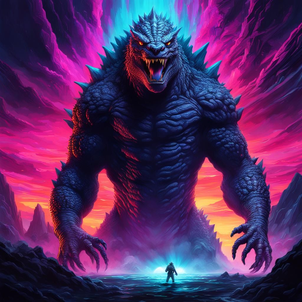 Bioluminescent Godzilla in Hollow Earth: Synthwave