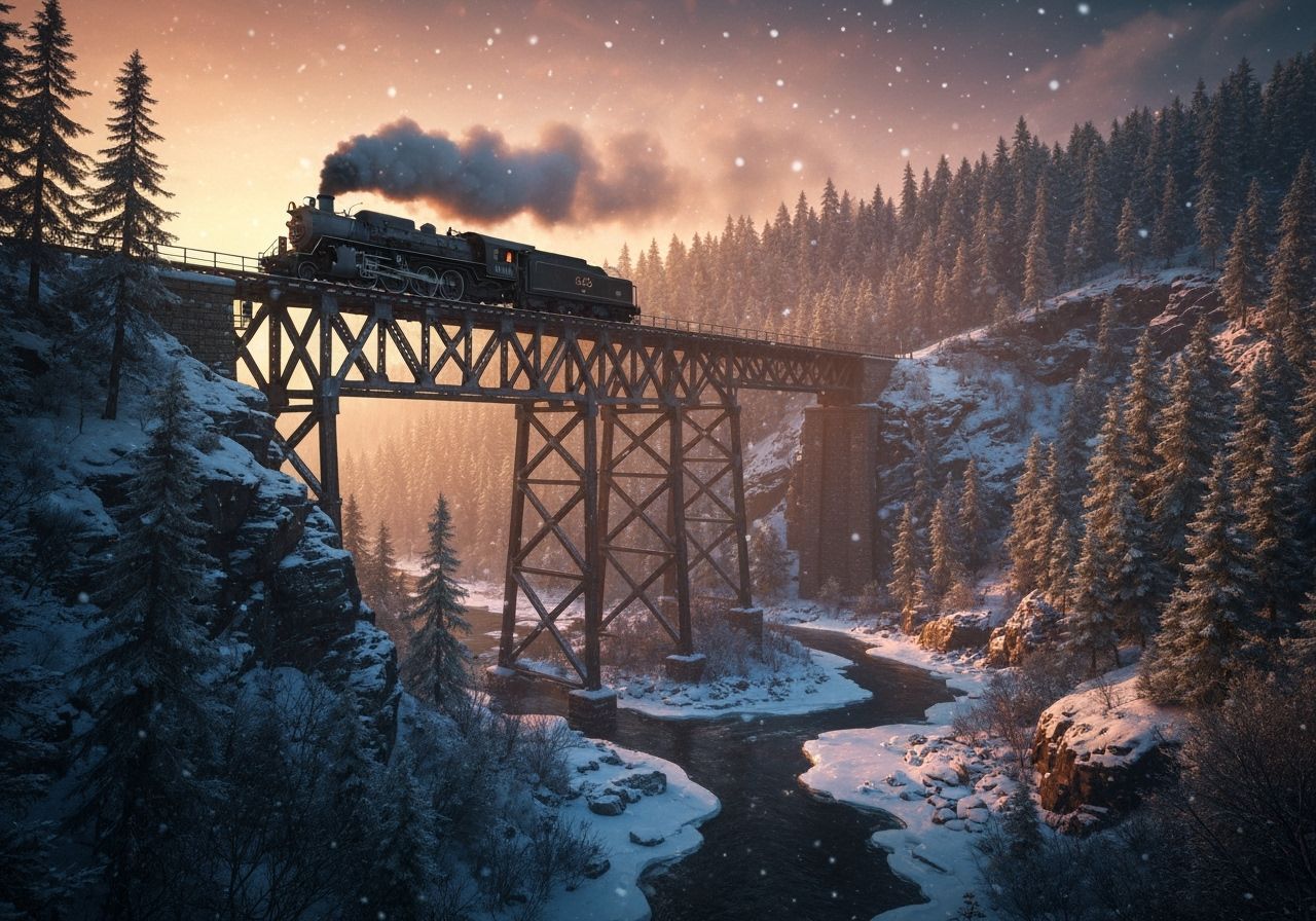 Victorian Steam Train Crosses Snowy Trestle Bridge at Magic ...