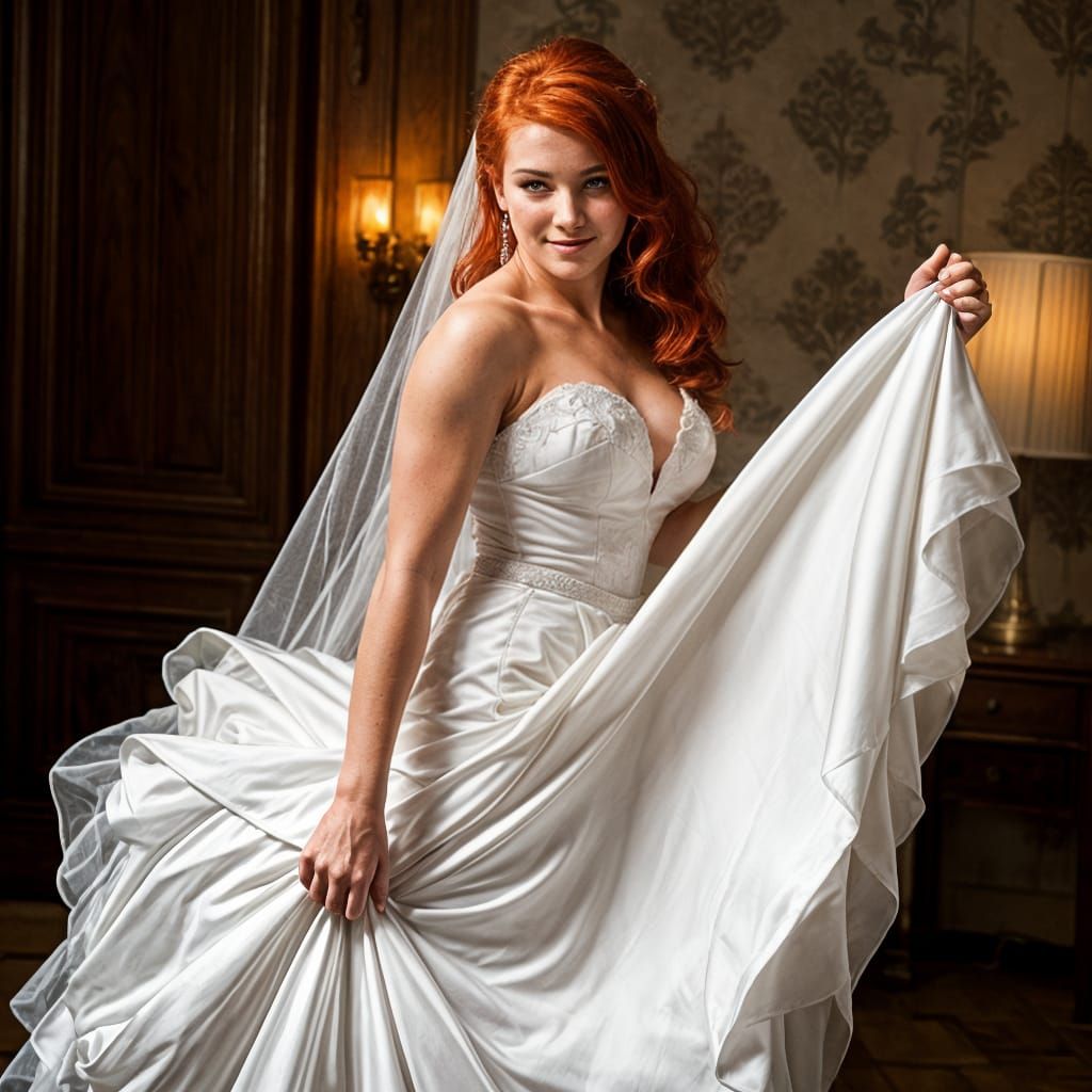 Strong Red-Haired Bride Exposes Muscular Legs in Wedding Dre...