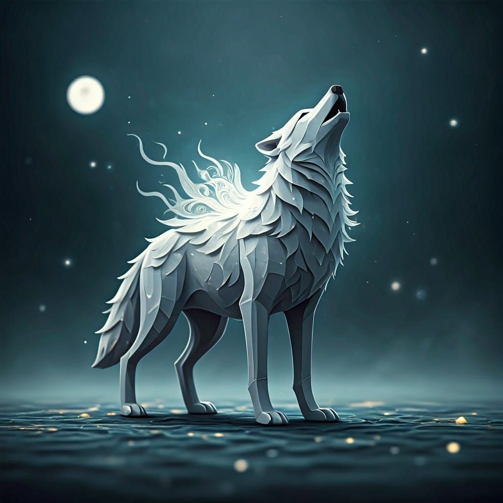 Grey Wolf Howls at the Moon in a Dreamy Landscape