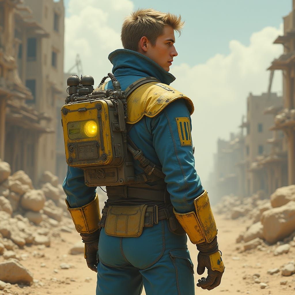 Vault Dweller in Wasteland, Retro-Futuristic Style