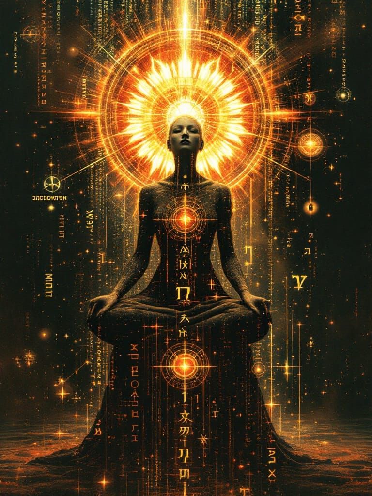 Mystical Androgynous Figure in Glitchcore Matrix Art