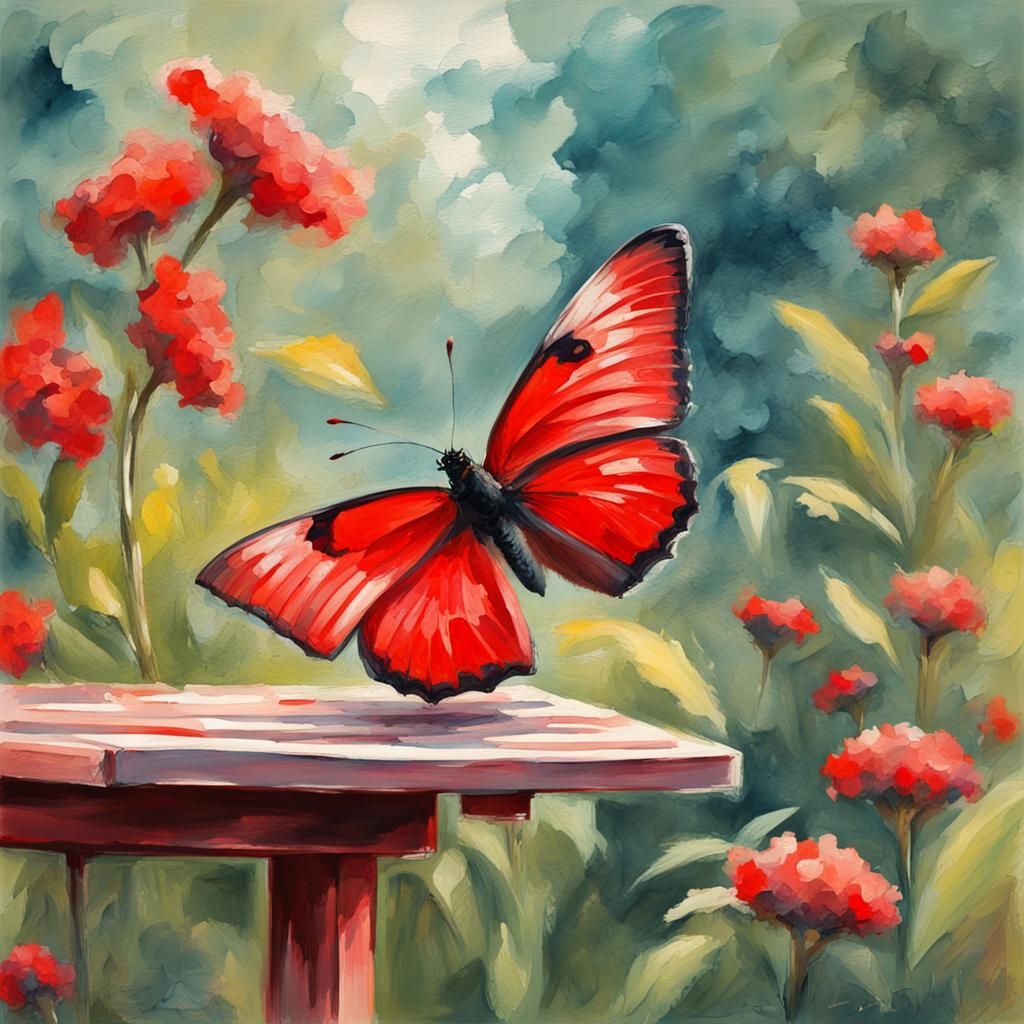 Red Butterfly on Bird Table in Gouache Style