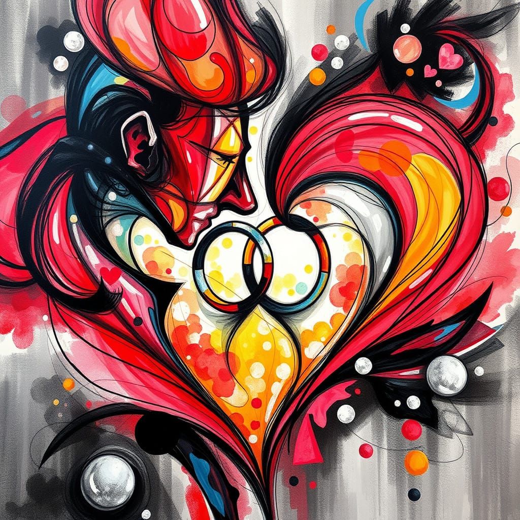 Expressive Romance Art with Hearts and Rings in Vibrant Colo...