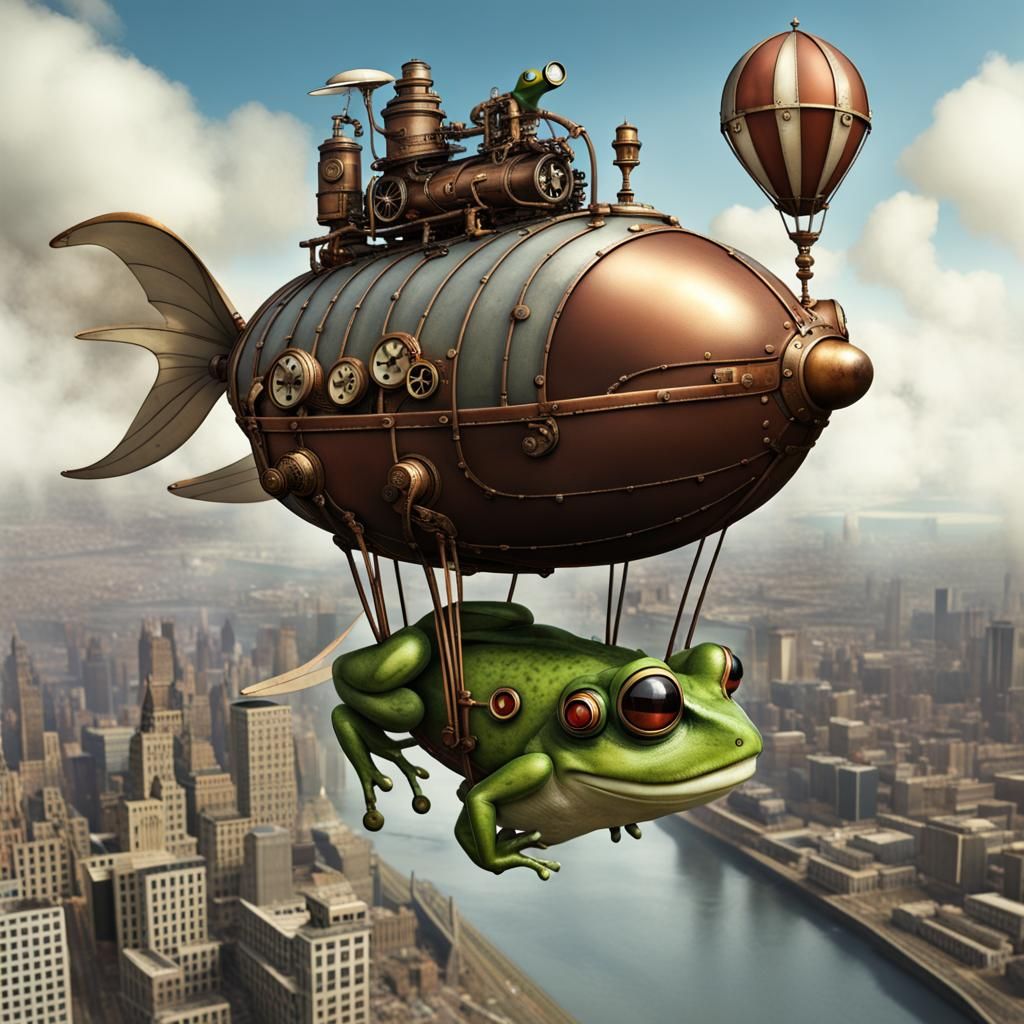 Steampunk Frog Soaring in Blimp Over City
