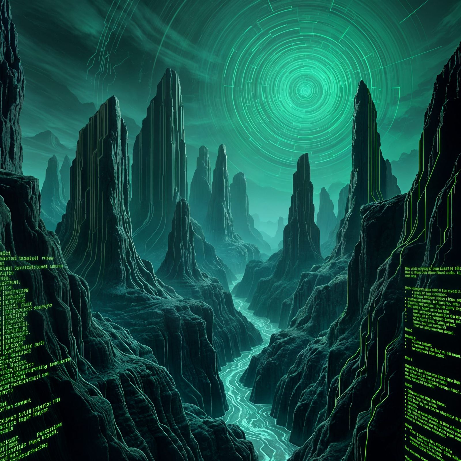 Surreal Code Landscape with Data Rivers