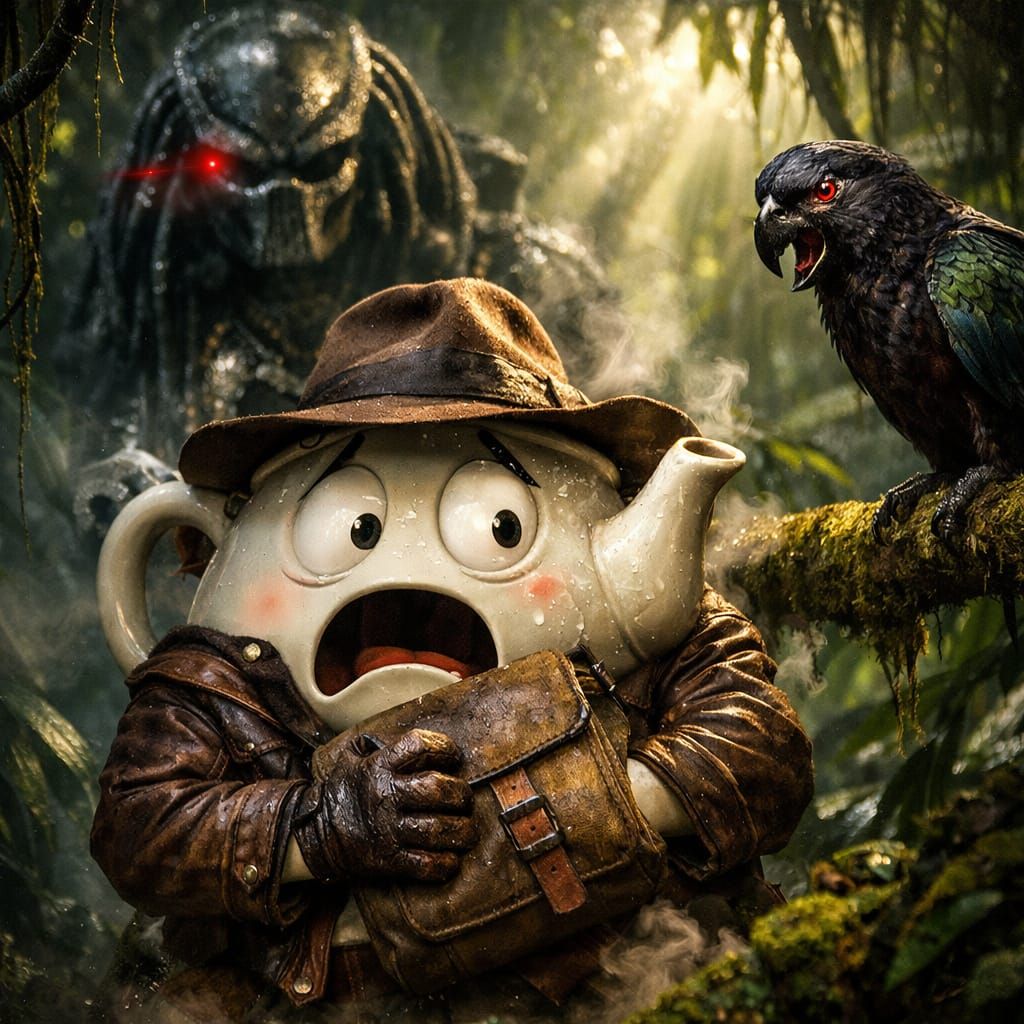 Terrified Teapot Explorer Faces Predator in Jungle