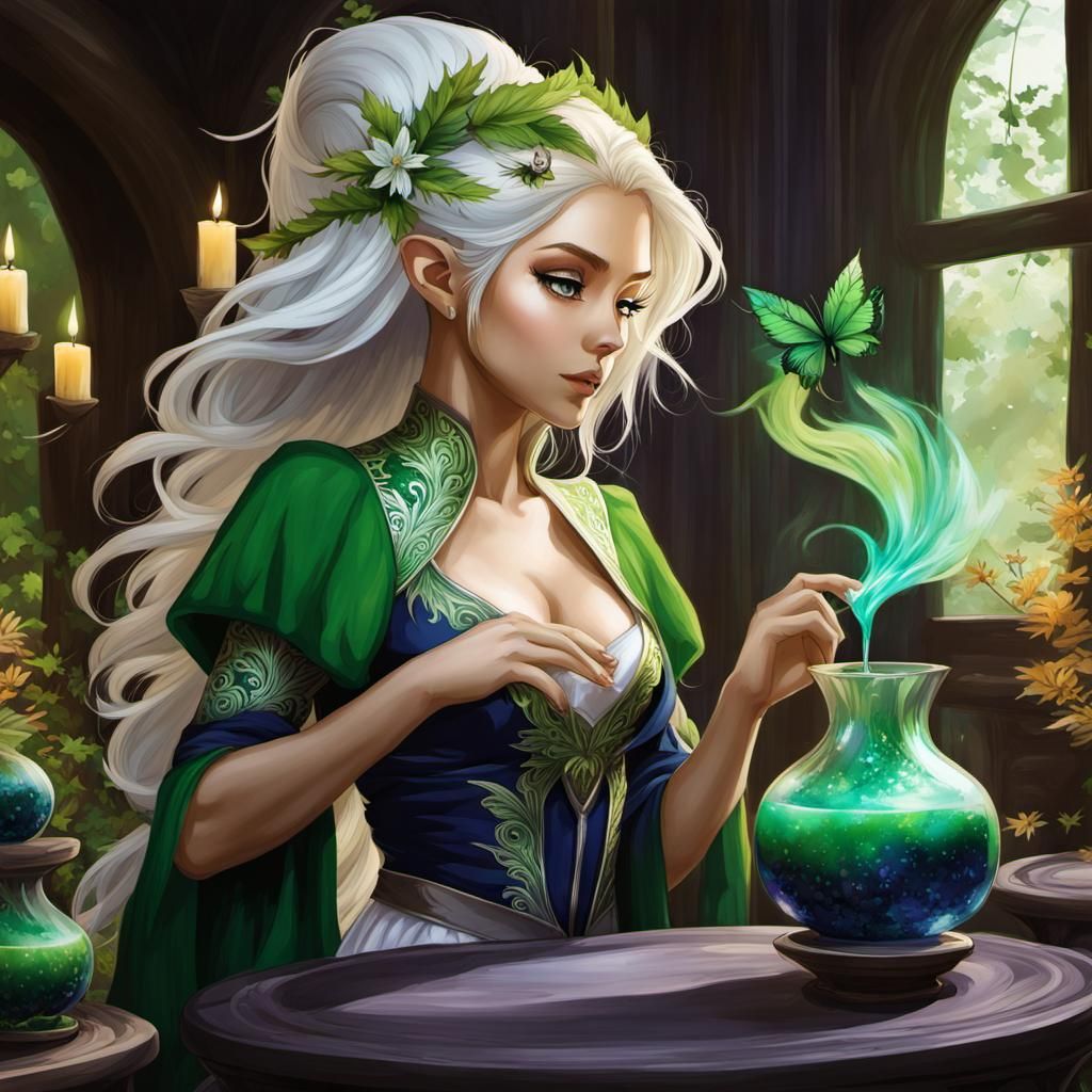 Eerie Forest Elf in Lush Flora: Ink Splash Art