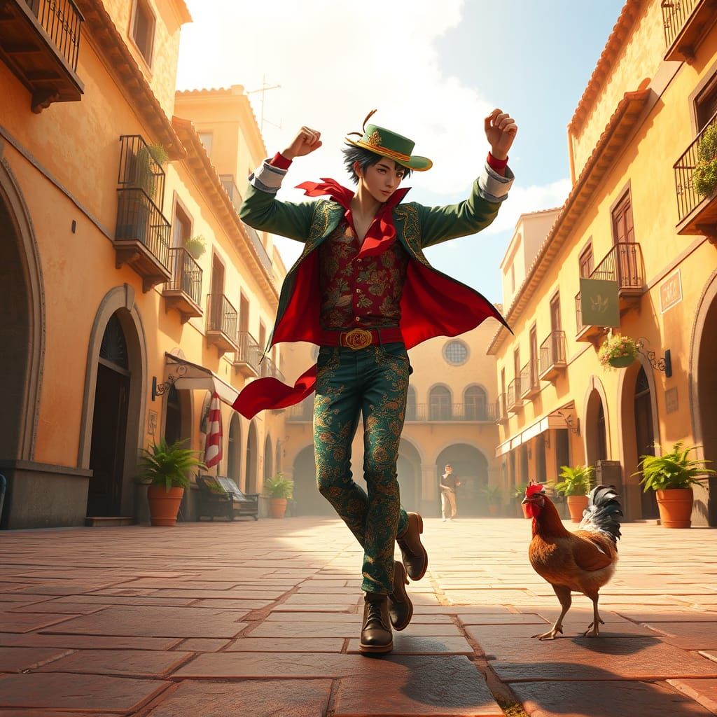 Dynamic Dance: Man and Hen in Spanish Plaza