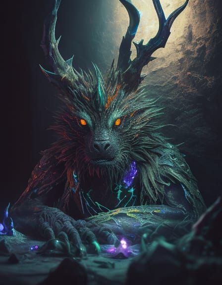 Surreal Kivarez Creature in Dark Room, Oil Painting