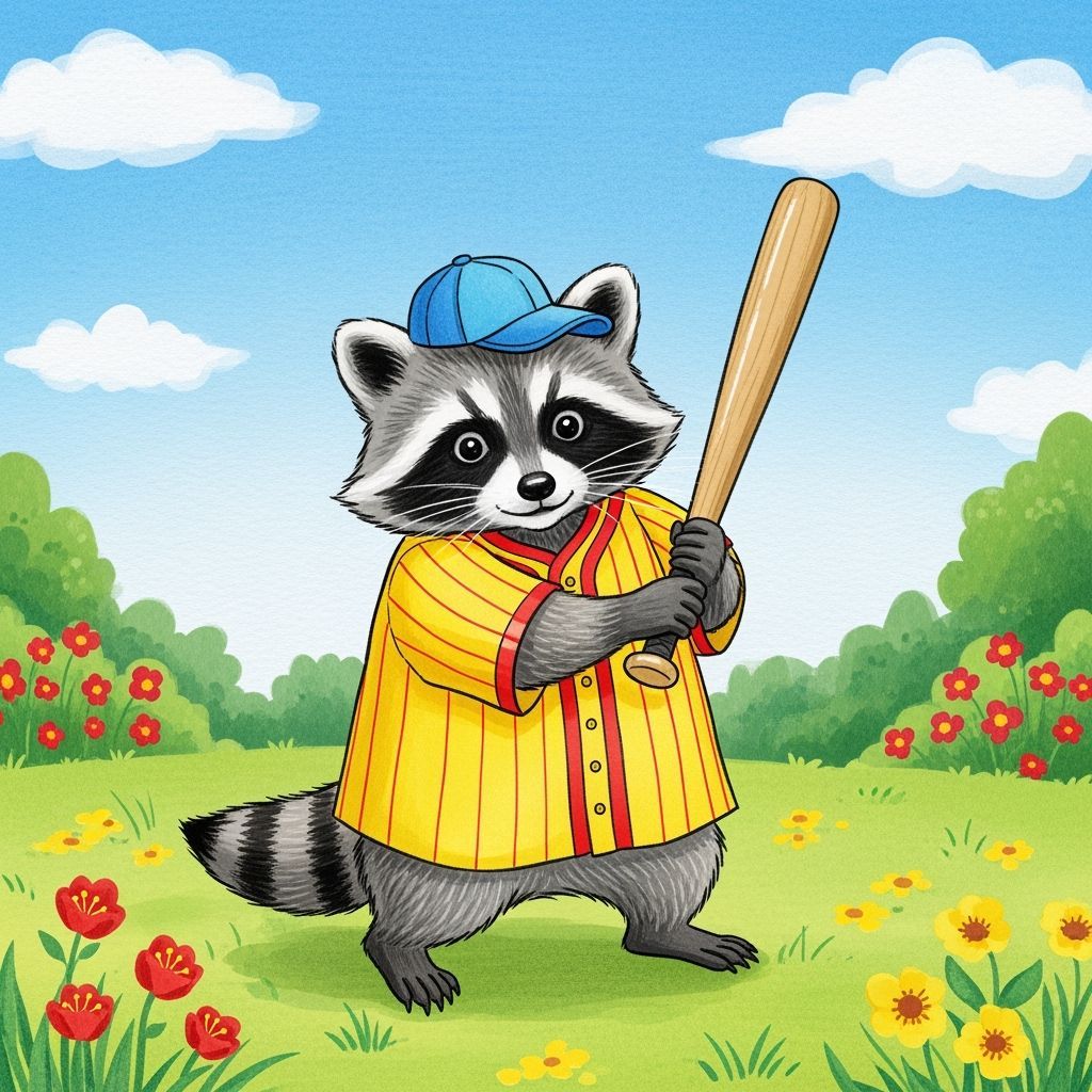 Raccoon Plays Baseball in Sunny Park, Storybook Style