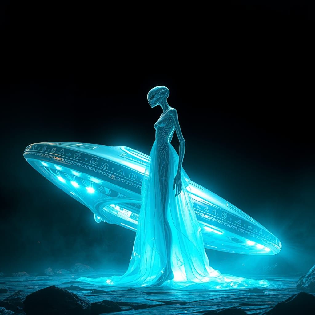 Ethereal Alien and Gleaming UFO in Sci-Fi Art
