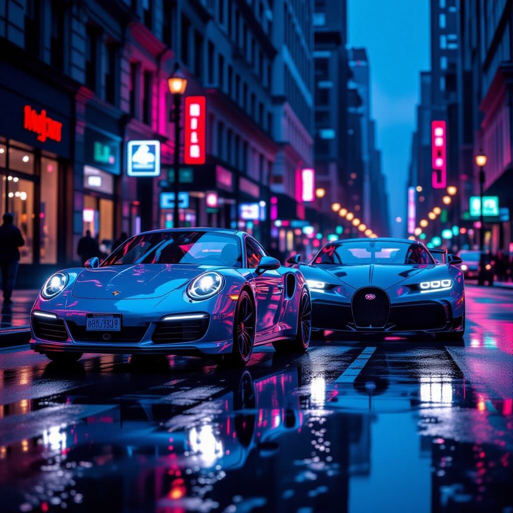 Diamond Porsche & Bugatti on Wet NYC Street at Night