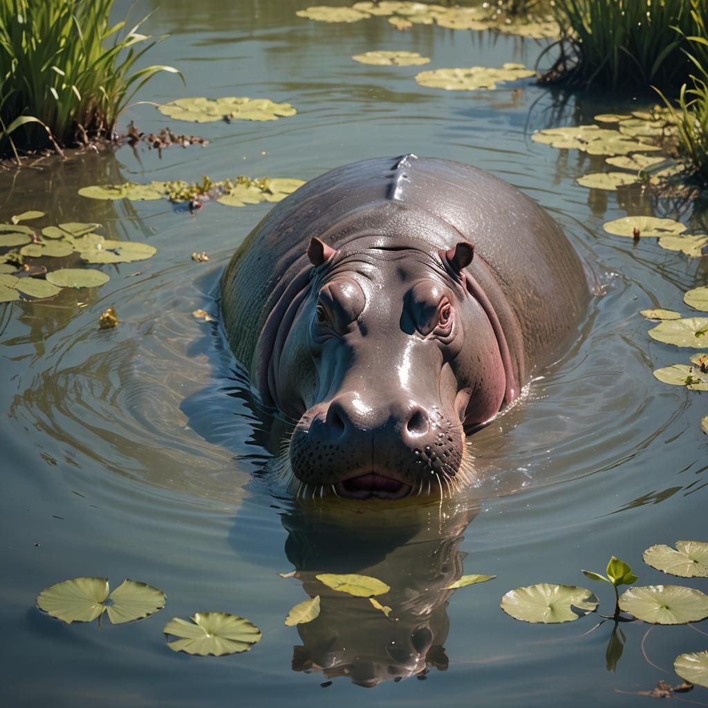 Hippo Submerged in Water with Mouth Open
