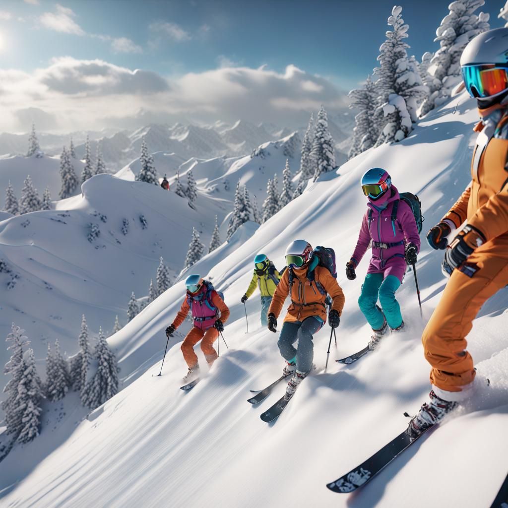 Colorful Skiers Descend Snowy Hill in Sci-Fi Style