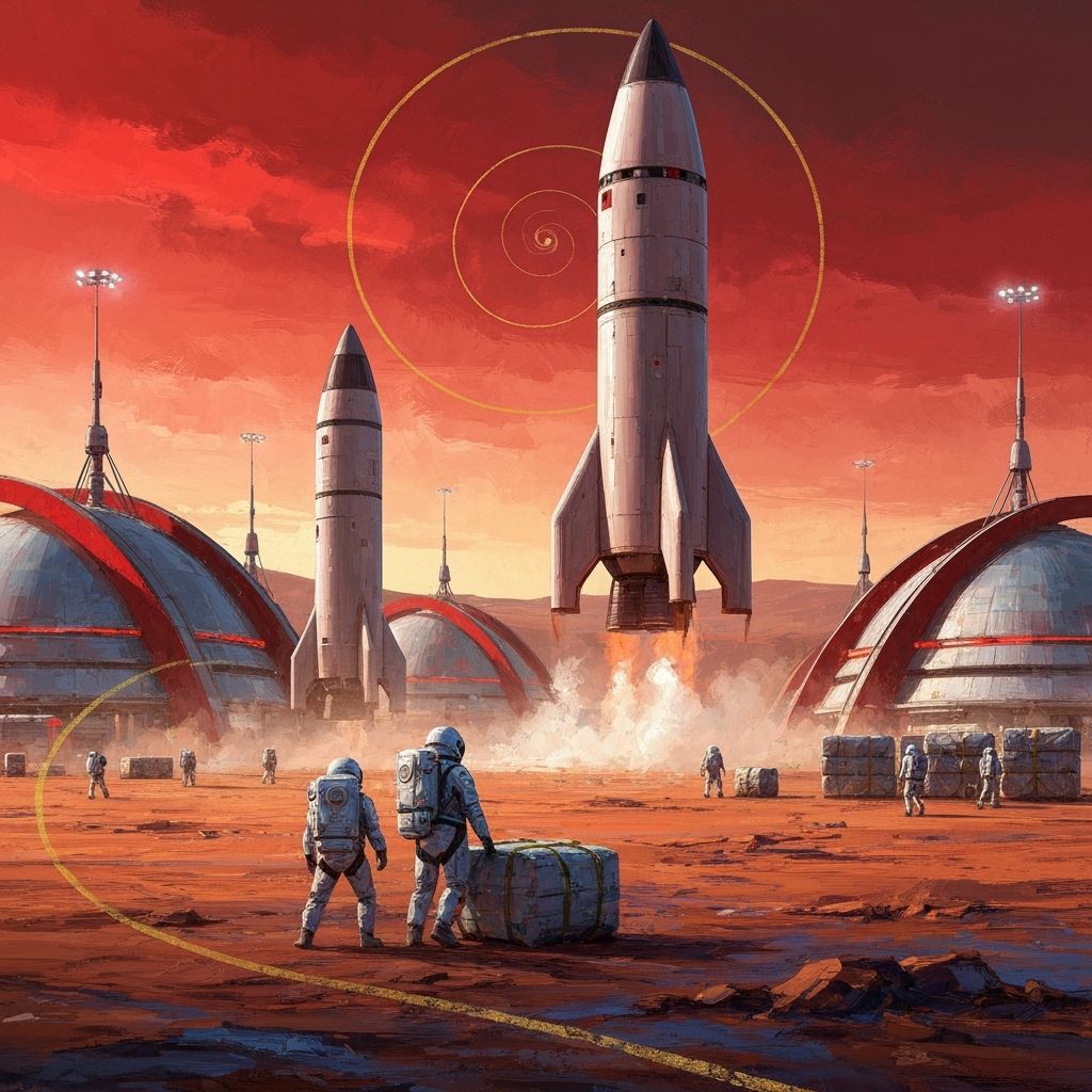 Mars Spaceport: Supply Rocket Landing at Dusk