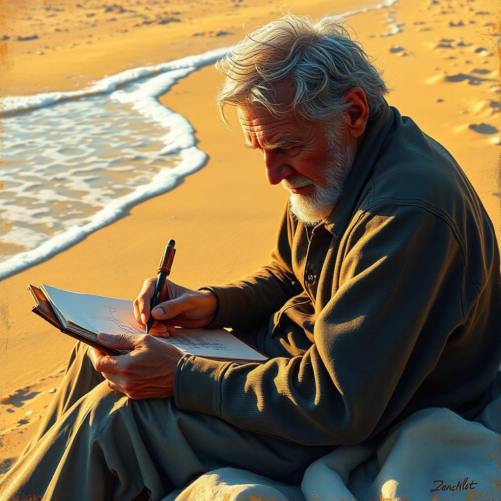 Weathered Artist Captured in Golden Hour Serenity