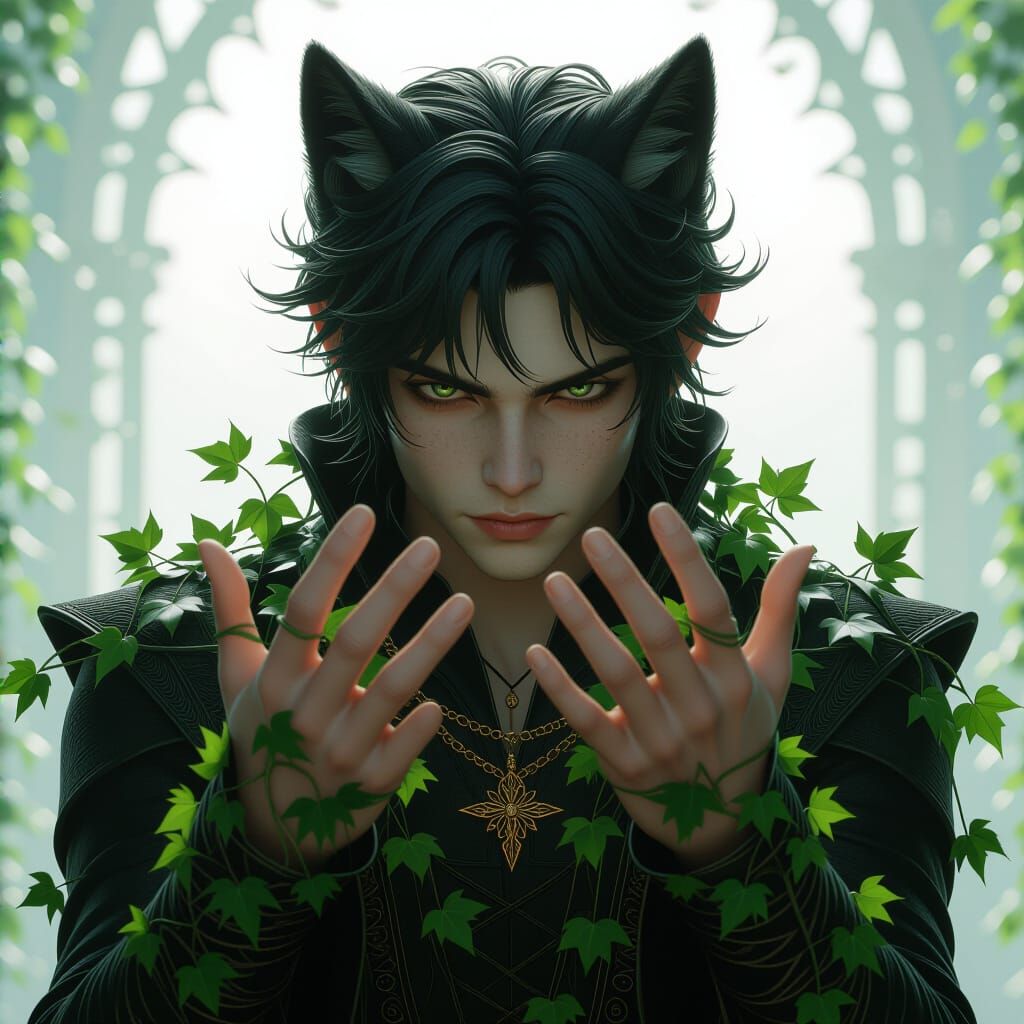 Gothic Wolf Boy with Ivy in Dramatic Lighting