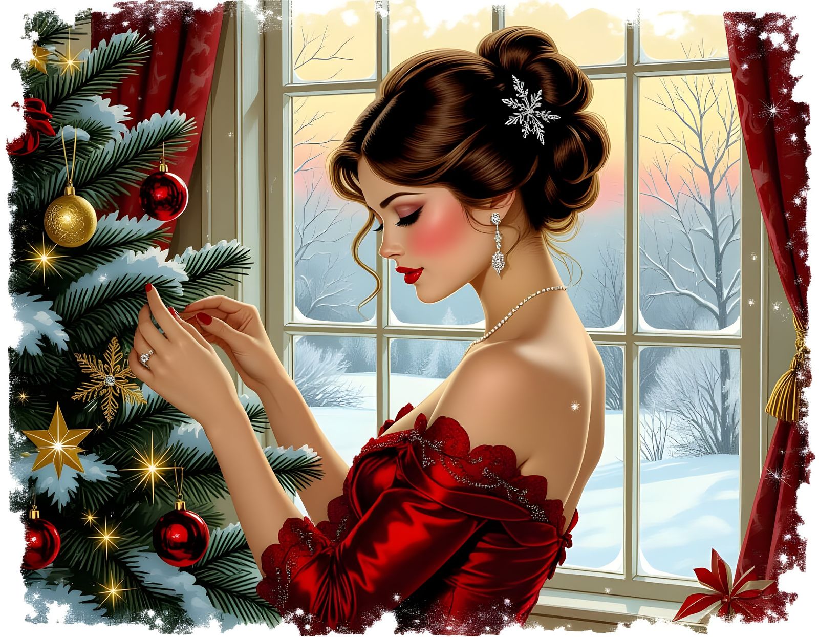 Vintage Girl Decorates Christmas Tree in Snowy Room