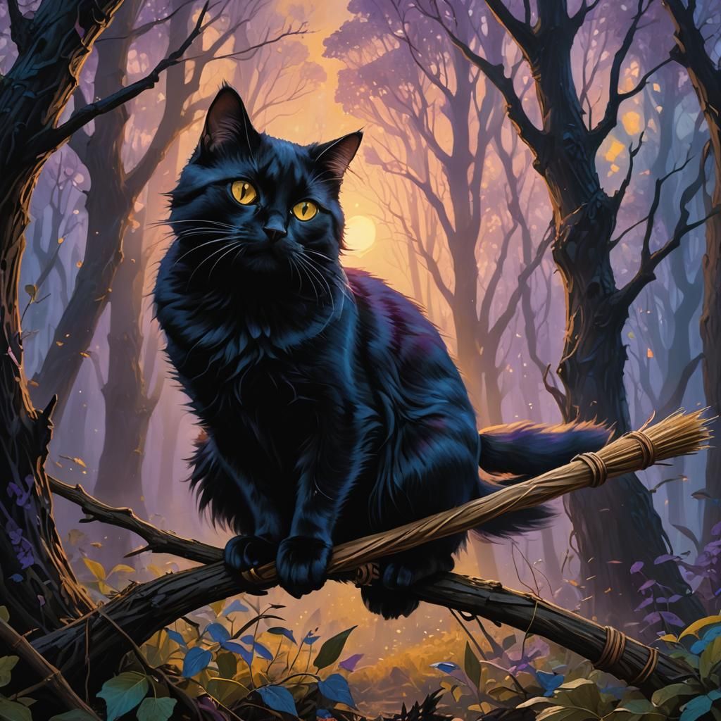 Black Cat on Broomstick in Mystical Forest