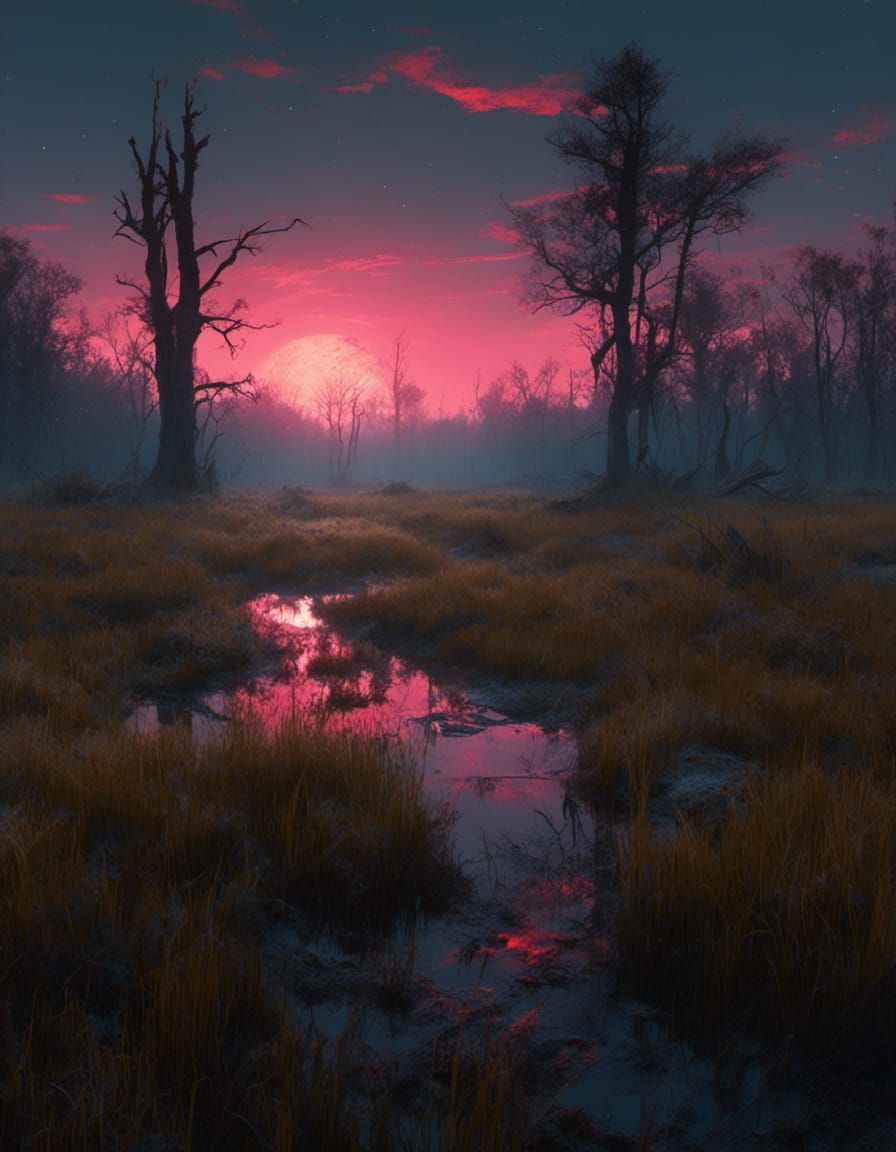 Macabre Swamp Under Starry Night, Digital Art