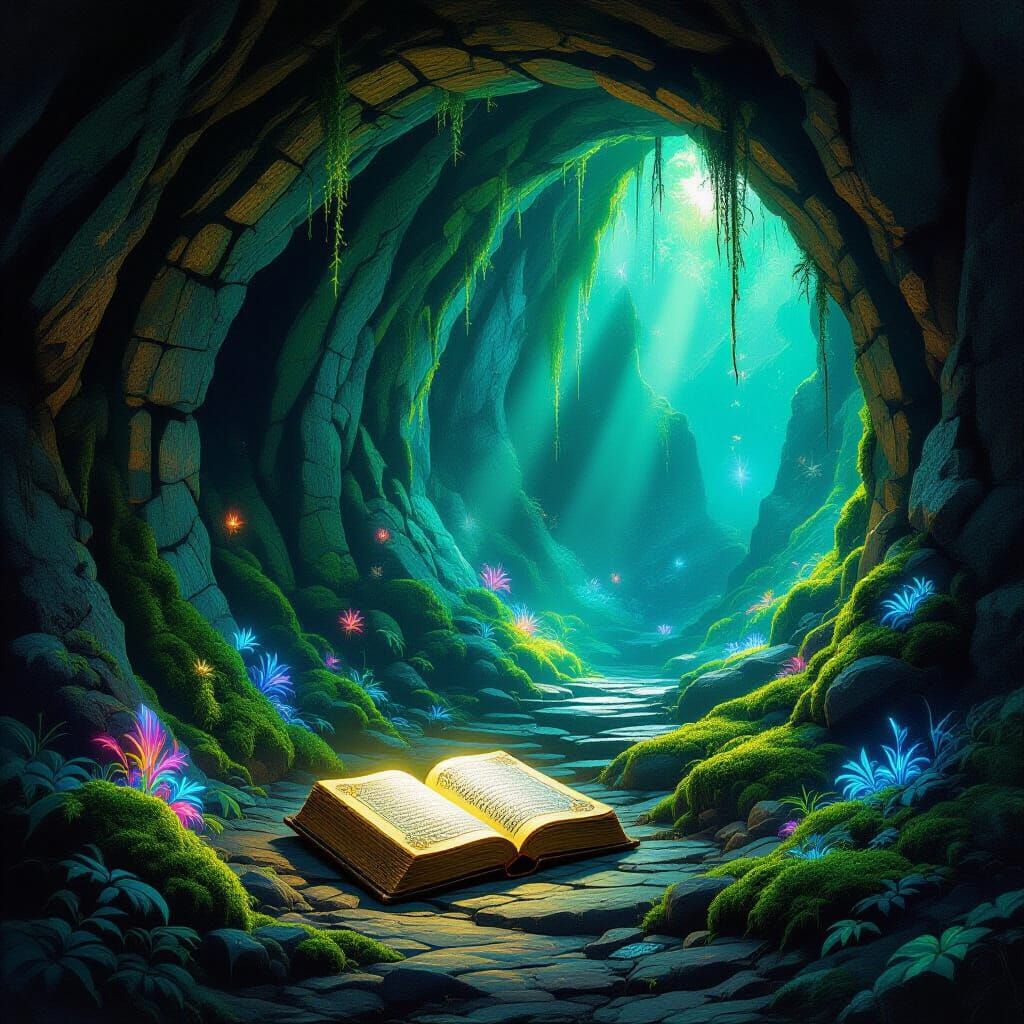 Mysterious Ancient Tunnel Entrance with Glowing Book