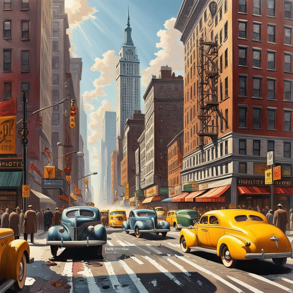 1940s New York City in Hyperrealistic Splash Art