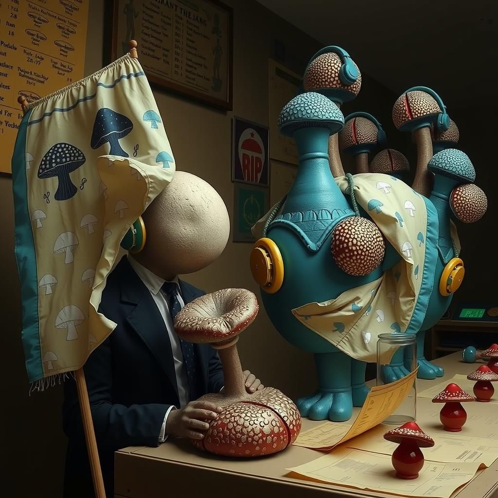 Giant Mushroom Bureaucracy in Pop Surrealist Style