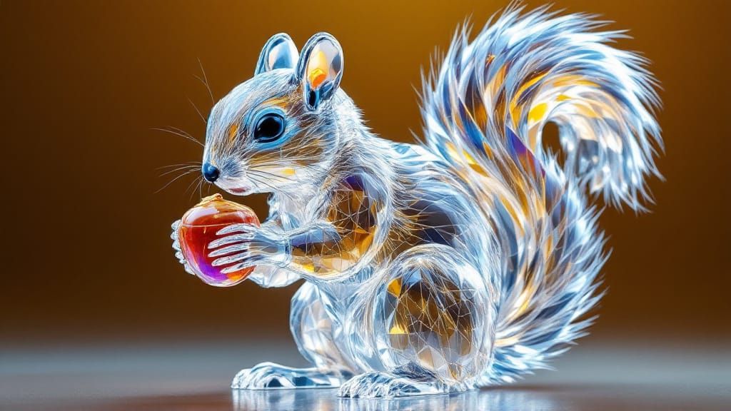 Ultra-Realistic Crystal Glass Squirrel Holding a Nut