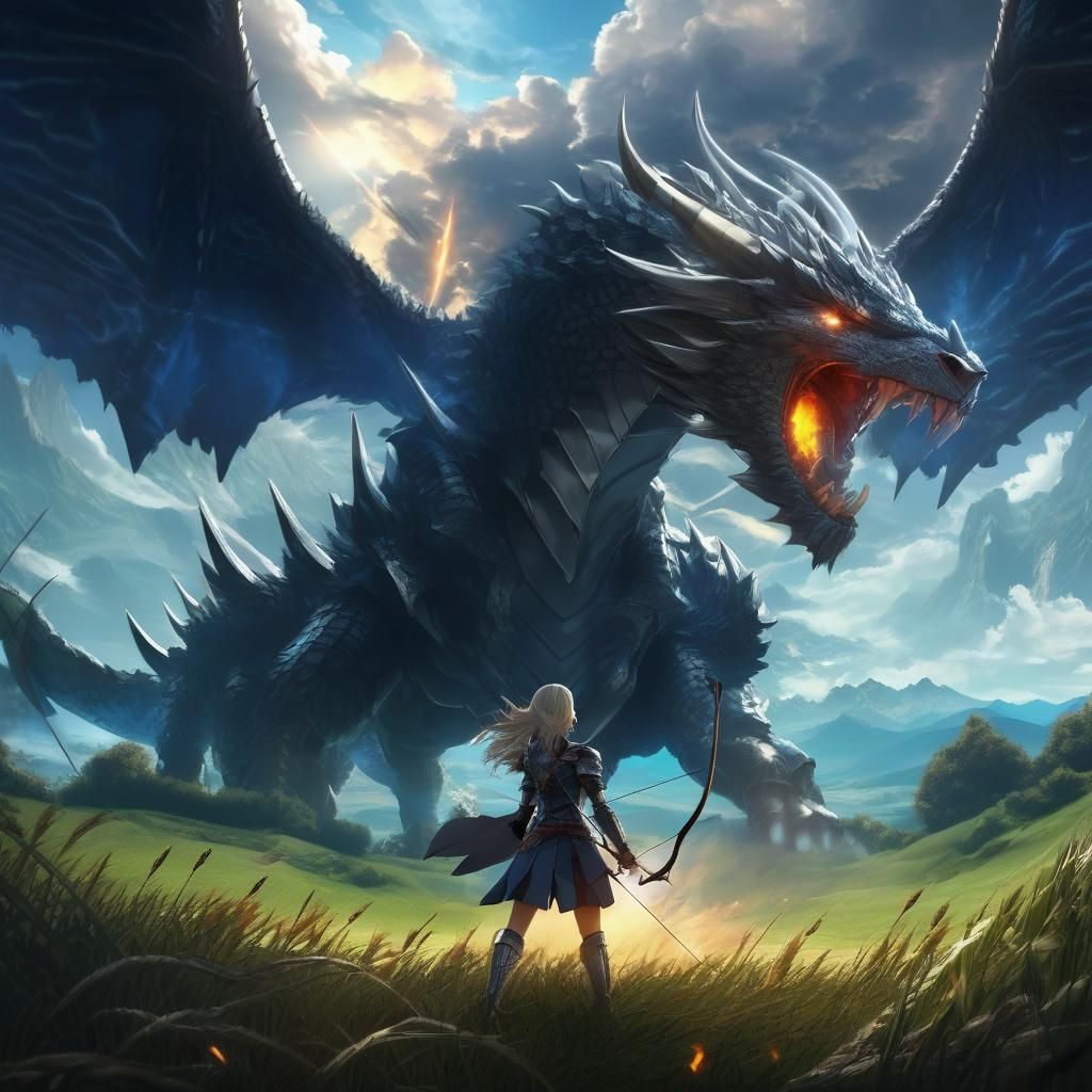 Anime Archer vs Dragon in Medieval Setting