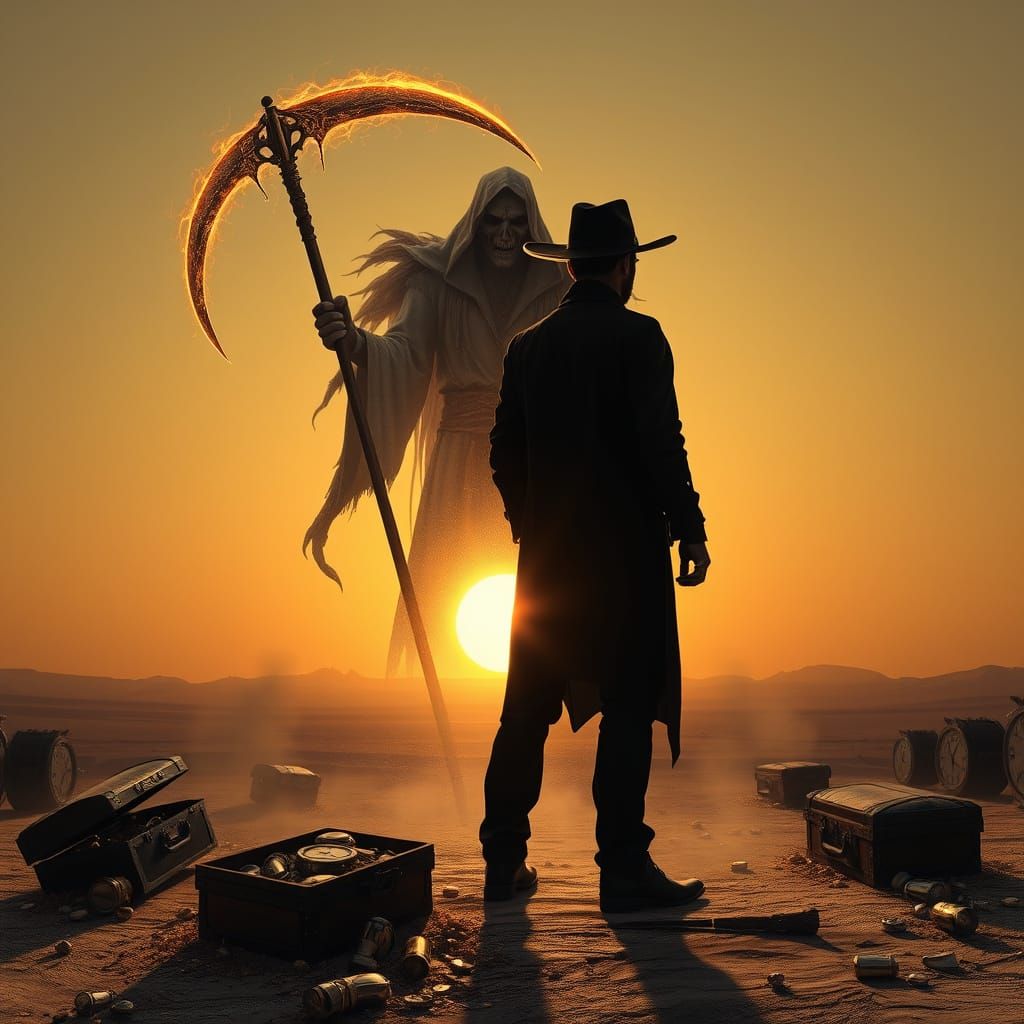 Cowboy vs Reaper in Desert Sunset, Gothic Surrealism