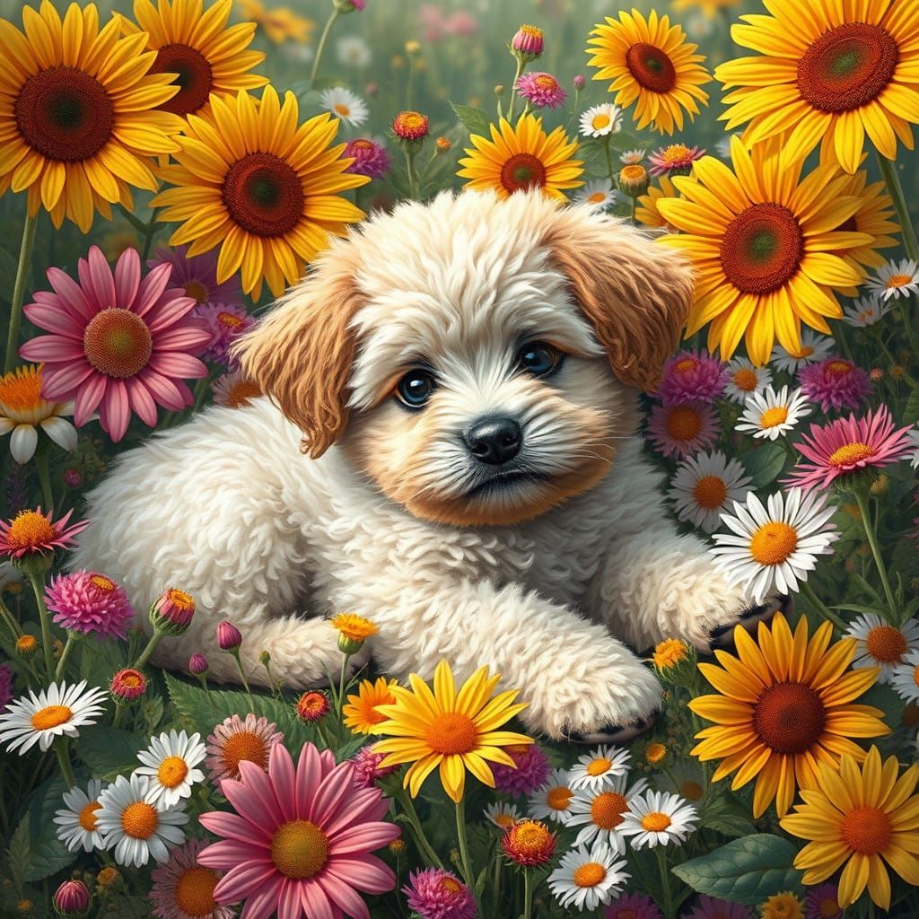 Fantastical Garden Puppy in Whimsical Atmosphere