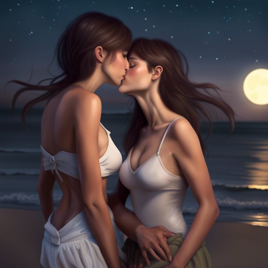 Lesbians Kissing on Beach in Moonlight