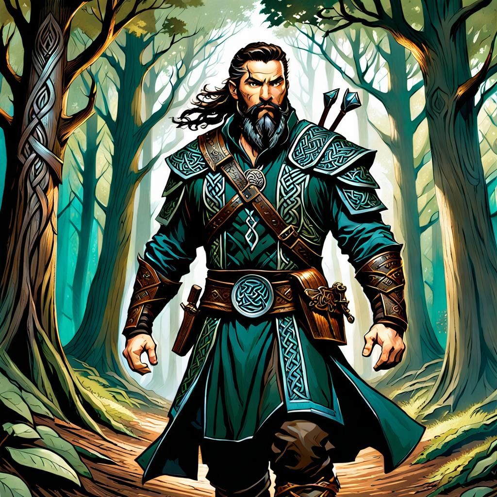 Dwarven Ranger in Celtic Forest, Comic Book Art