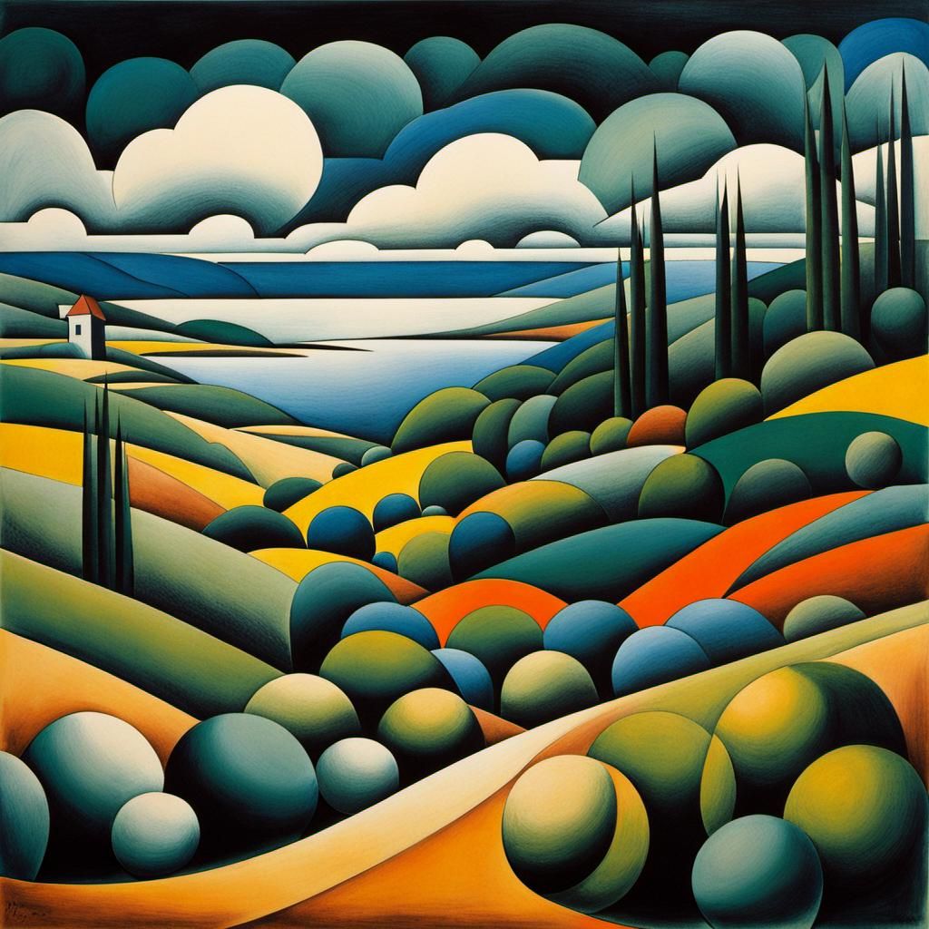 Cubist Japanese Ink Landscape in Picasso Style