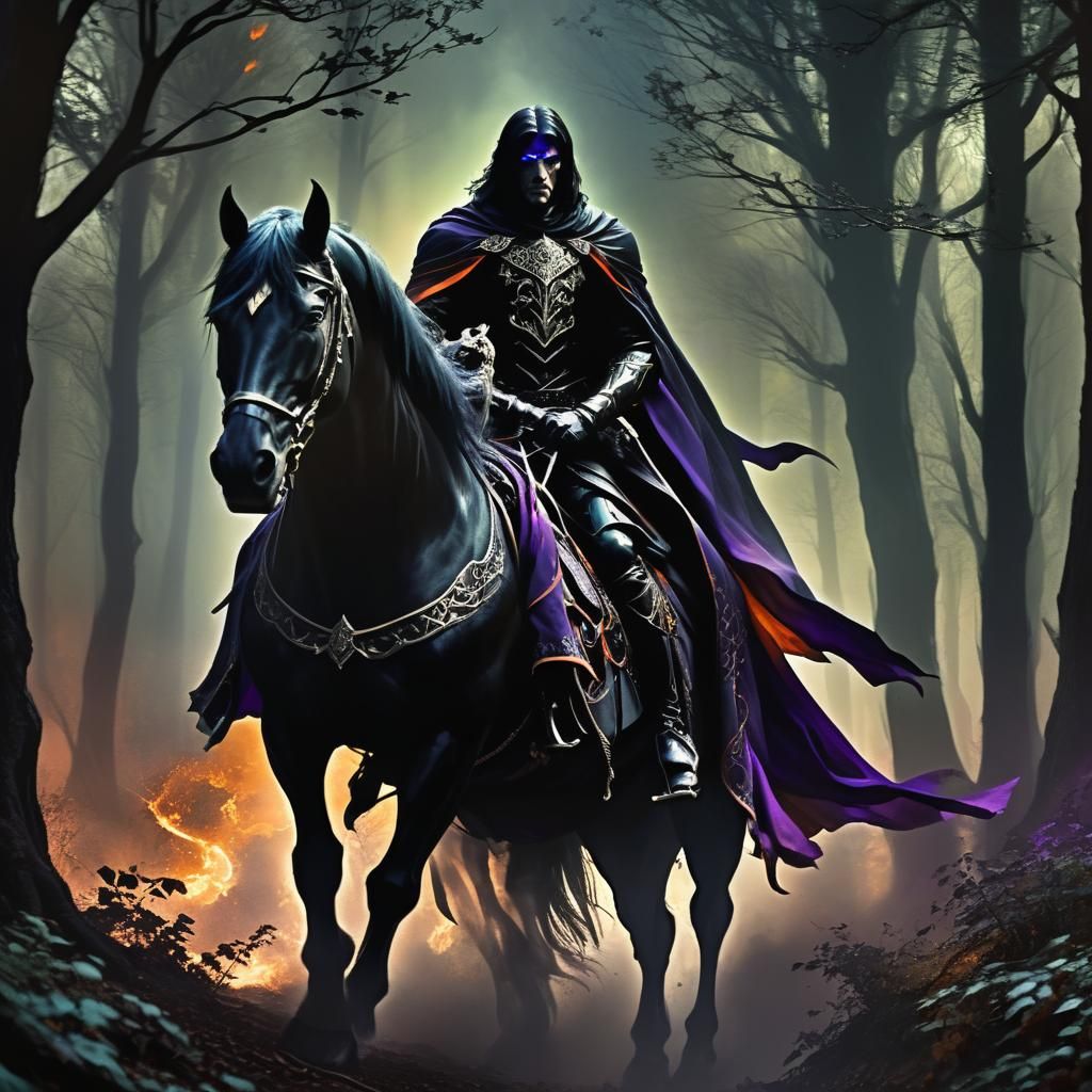 Darkling Rides Through Ominous Woods in Dark Fantasy Style