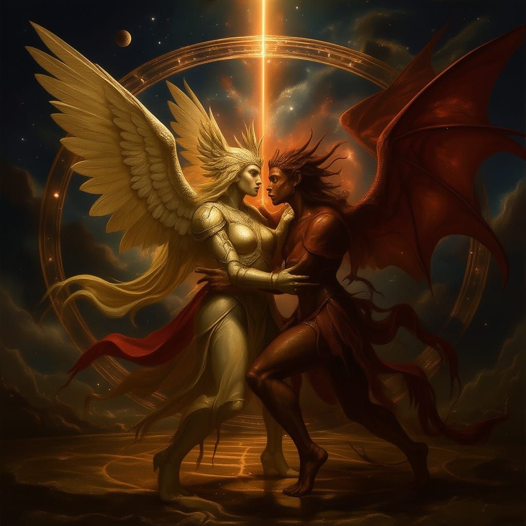 Angel and Demon Embrace in Dramatic Oil Painting Style